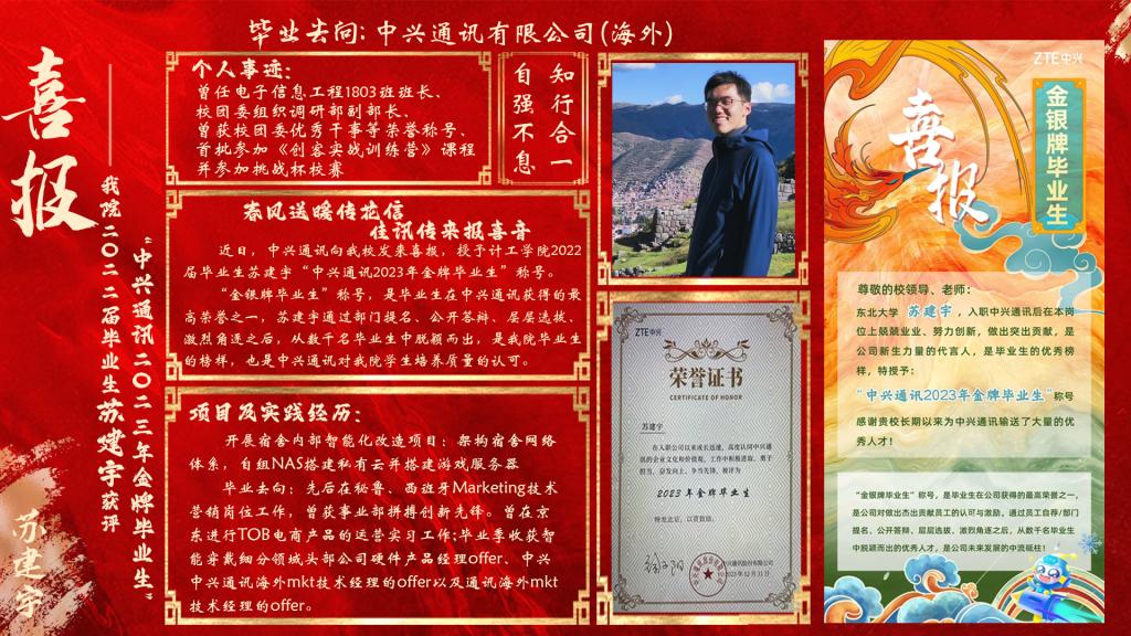 ​喜报|365官网2022届毕业生苏建宇获评“中兴通讯2023年金牌毕业生”
